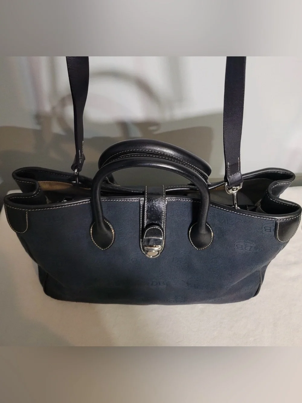 Dooney & Bourke Monogram Tote Crossbody Bag Navy Canvas Black Leather Trim